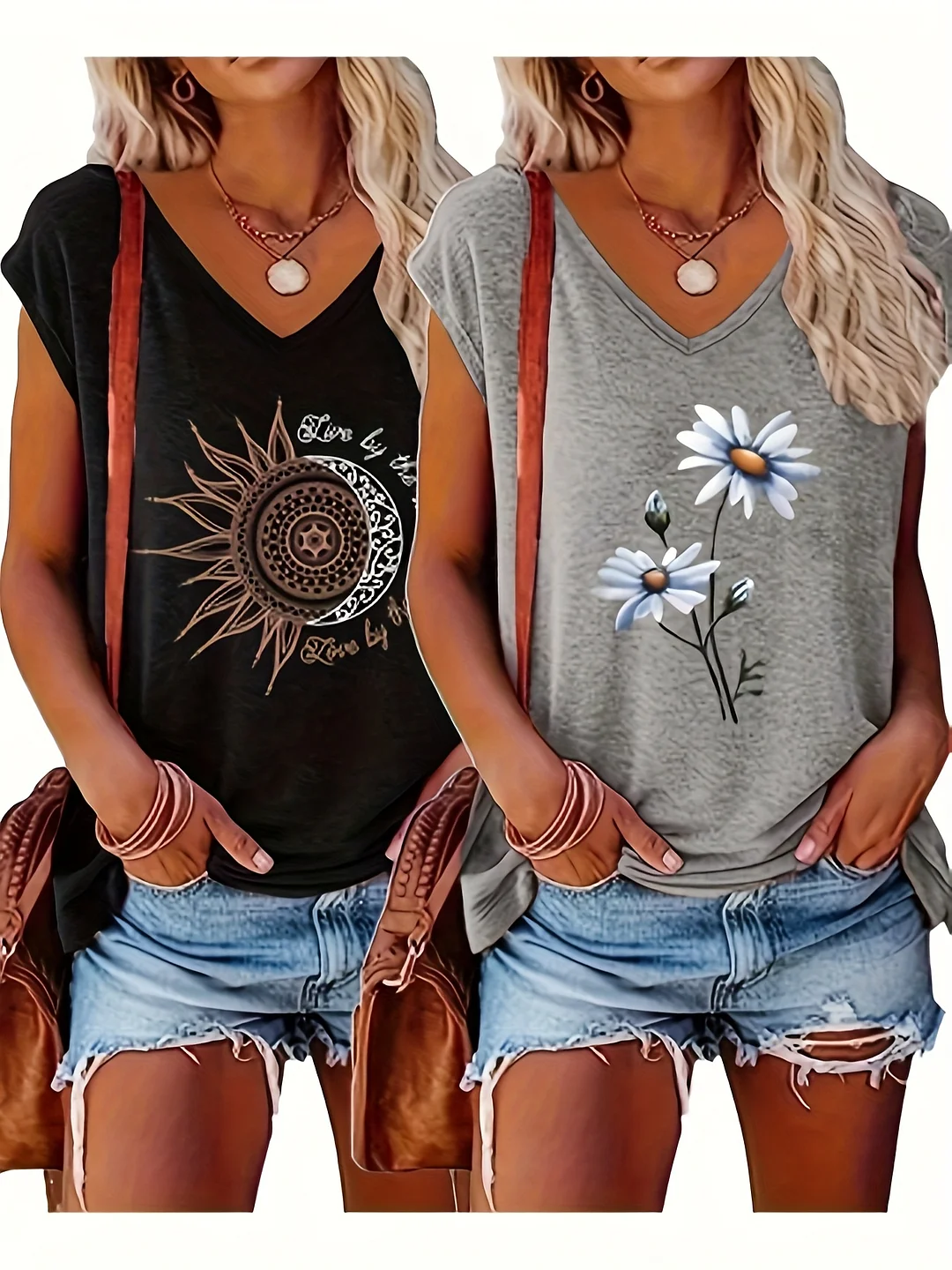 2pcs Women's Casual V-Neck Short Sleeve T-Shirts - Geometric & Floral Print Summer Tops, Breathable Machine-Washable Blouses For Casual Attire Pink & Green), Relaxed Fit Tee, Decorative Print Tee, Soft Fabric Tee, Durable Casualwear | IFYHOME