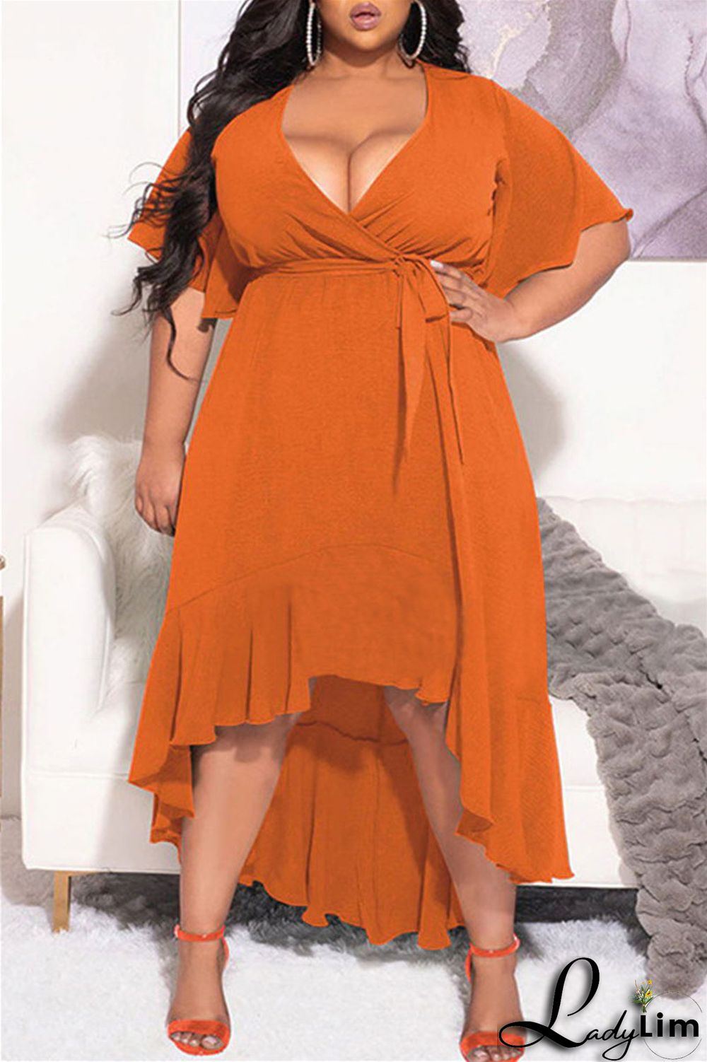 Blue Fashion Casual Solid Bandage Flounce V Neck Irregular Dress Plus Size Dresses