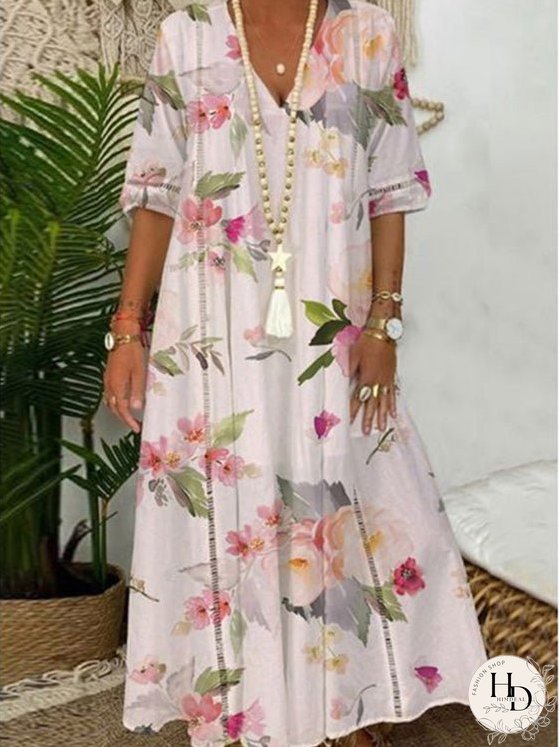 Dresses Printed V-Neck Short Sleeve Casual Dress for Women