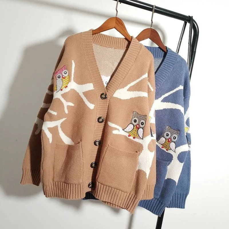 Beige/Blue/Brown Kawaii Owl Knitting Coat S12806