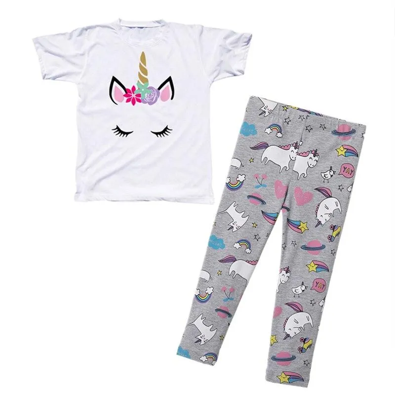 Girls Summer Clothes Set Unicorn Short Sleeve T-shirt+Pants 2PCS Outfits Kids Cartoon Print Cotton Leggings Children Clothing