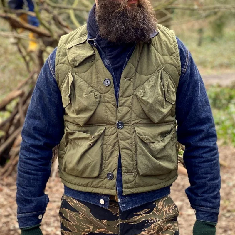 Retro Army Green Military Multi-pocket Padded Cotton Vest