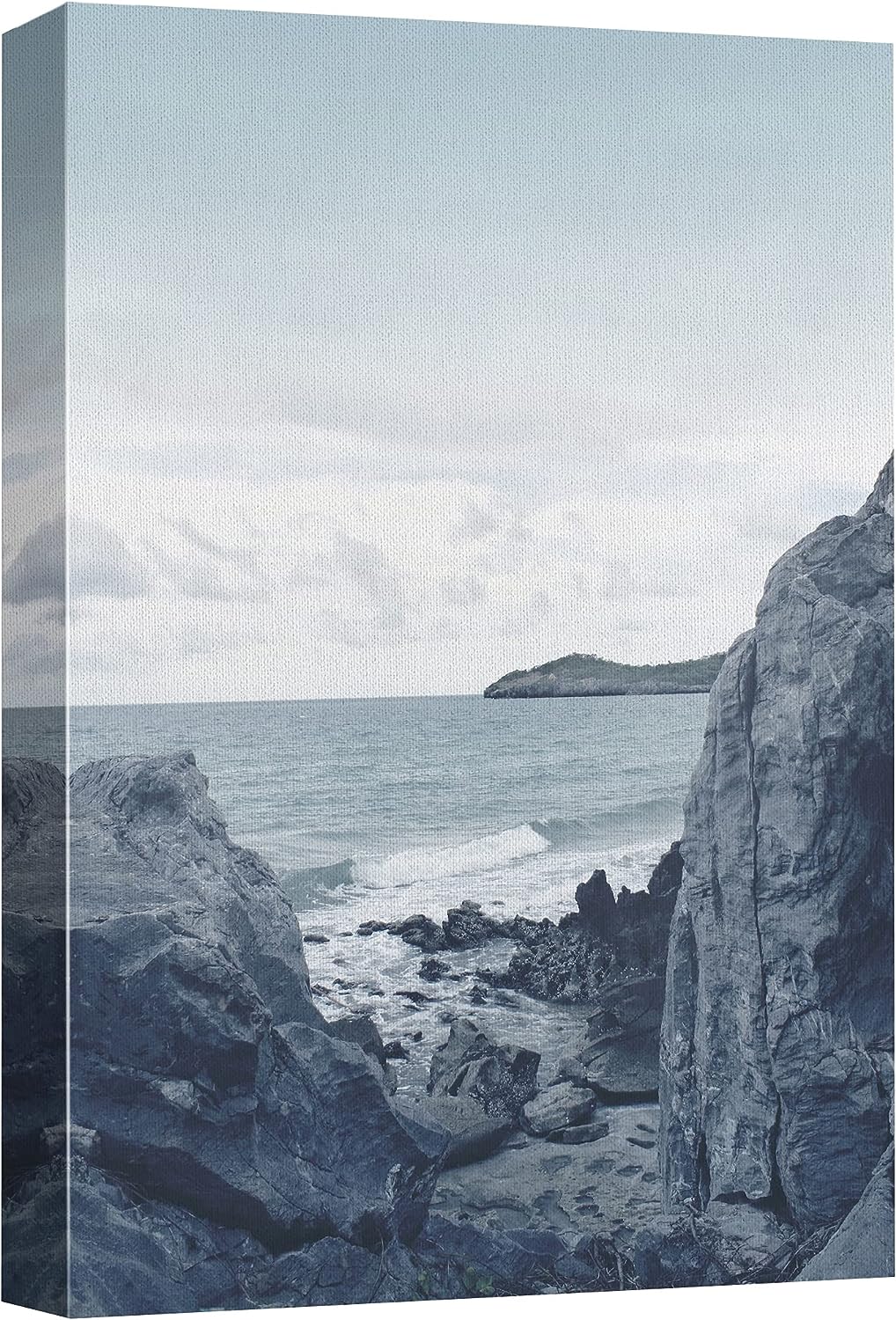 wall26 Canvas Print Wall Art Blue Faded Craggy Rock Beach Ocean Shoeline Nature Wilderness Photography Realism Rustic Scenic Colorful Multicolor Duotone for Living Room, Bedroom, Office - 16 inch x24 inch  16&#034; x 24&#034;