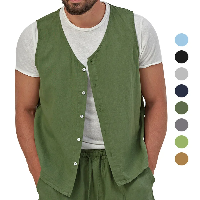 Men's Thin Casual Solid Color Cotton Linen Button Vest