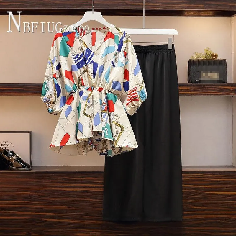 2020 Summer Plus Size Women Sets Elastic Waist Blouse And Pants Female Sets
