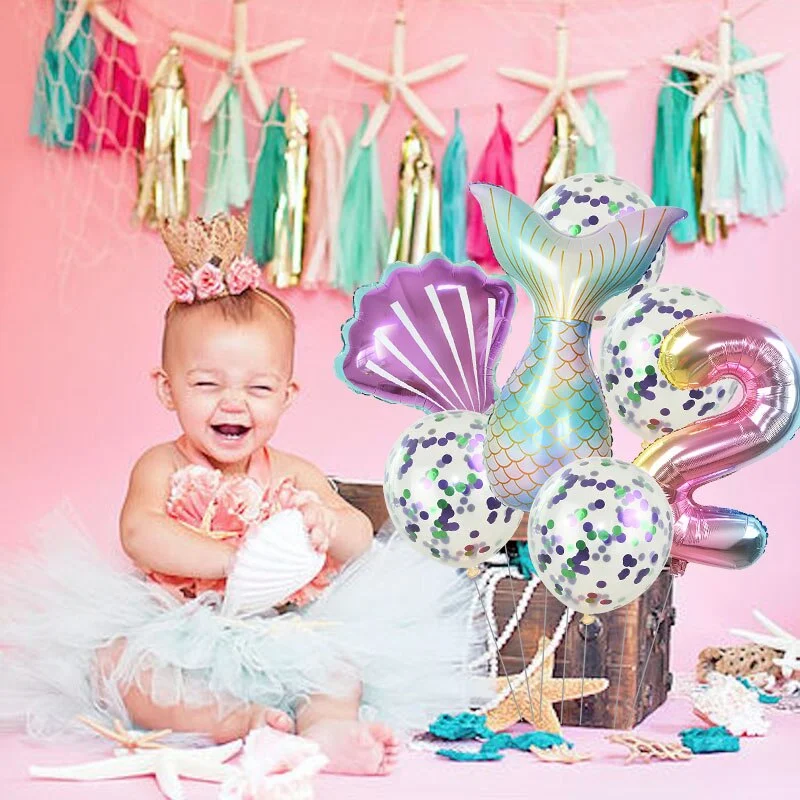 7pcs Mermaid Party Balloons 0 1 2 3 4 5 6 7 8 9 Number Foil Balloon Kids Birthday Party Decorations Baby Shower Helium Globos