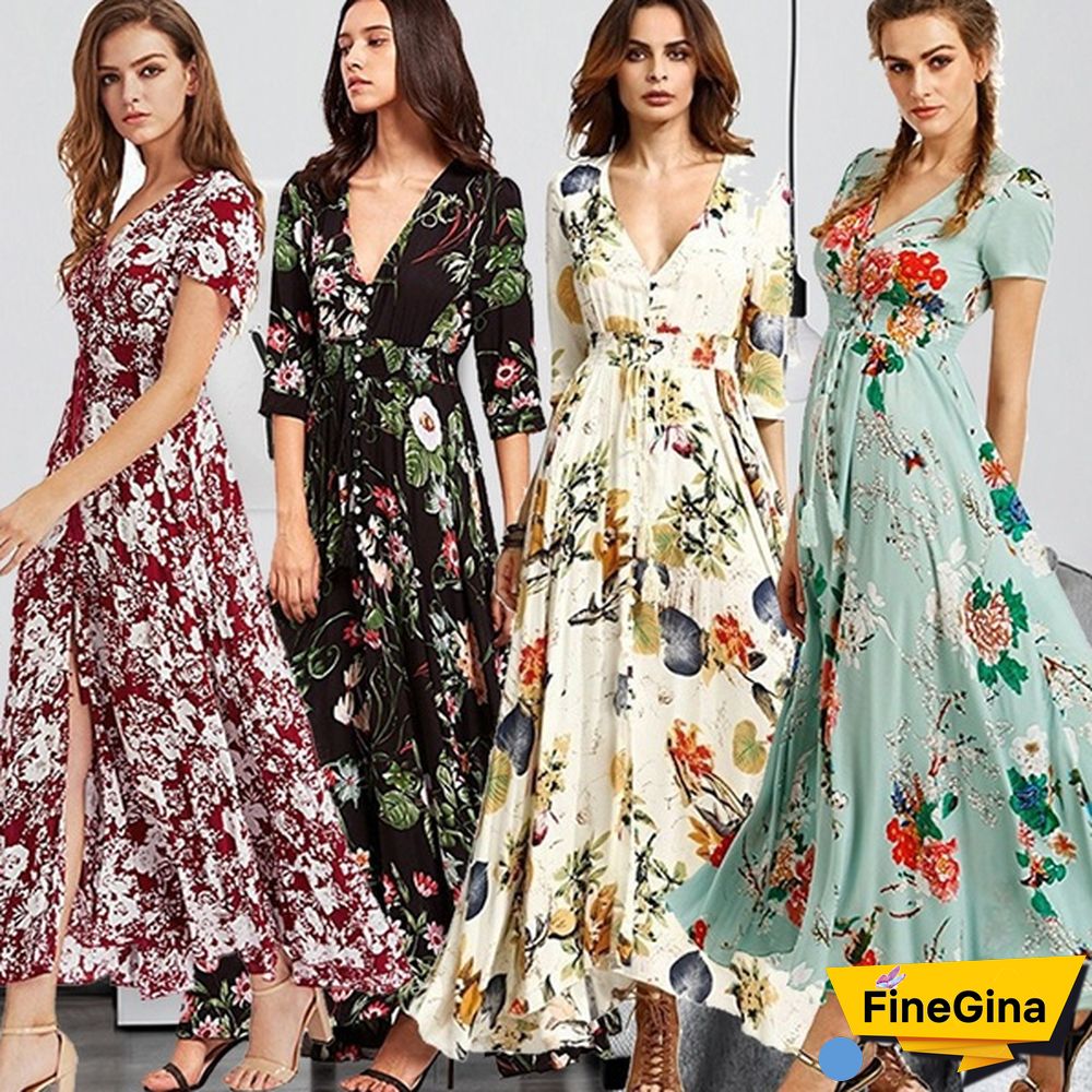 Womens Fashion Bohemian V Neck Print Big Swing Long Dress Plus Size