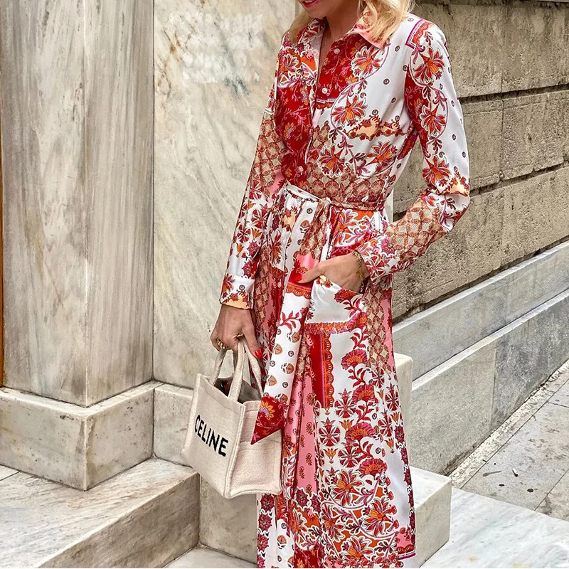 Woherb Woherb Spot Spring 2024 New Women's Fashion Print Bohemian Long Shirt Dress-Outfit Ideas