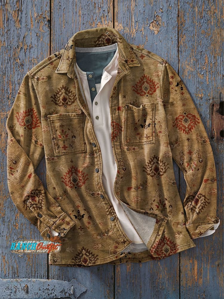 Men’s Vintage Retro Abstract Art Print Casual Long Sleeve Shirt As Picture / S