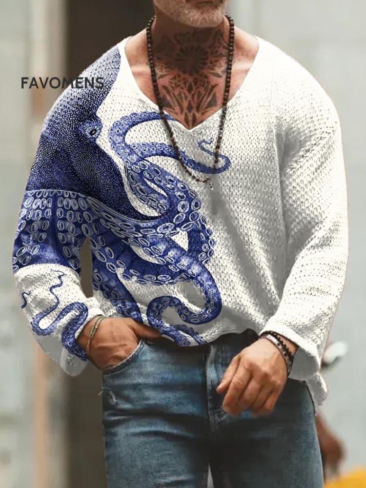 V-Neck Deep Sea Octopus Tentacles Long Sleeve Knitted Top Multicolor / S