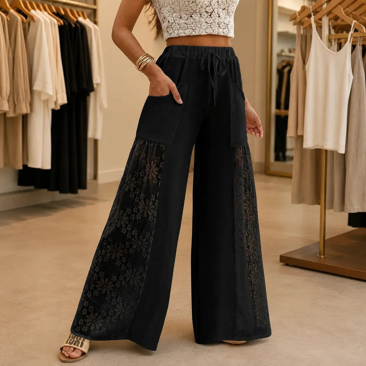 💃 Women's solid-color trousers with lace paneling