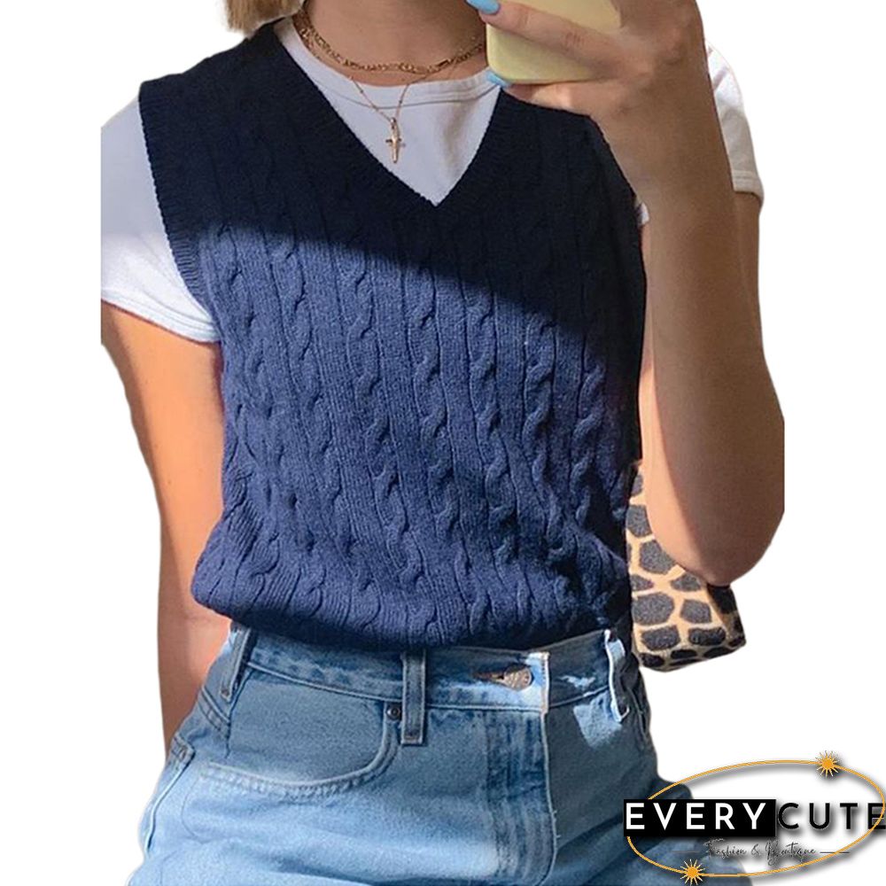 Navy Blue V Neck British Style Tank Sweater
