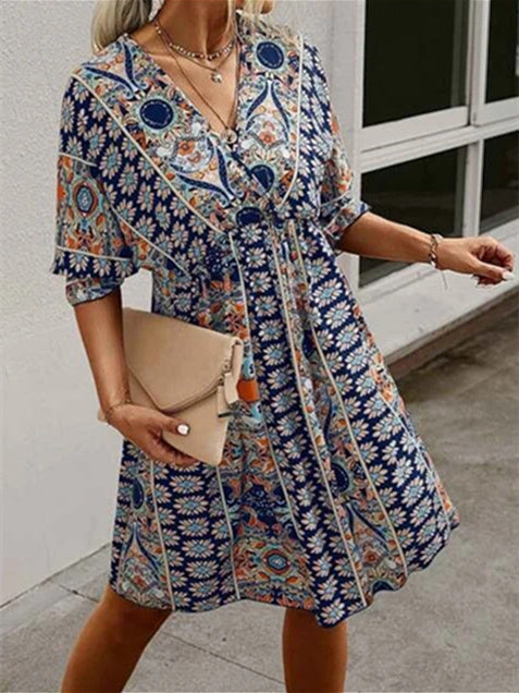 Women's Short Sleeve V-neck Floral Printed Lace-up Midi Dress