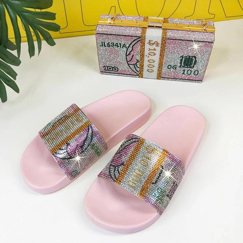 Women Comfortable Fashion PVC Money Rhinestone Flat Slippers