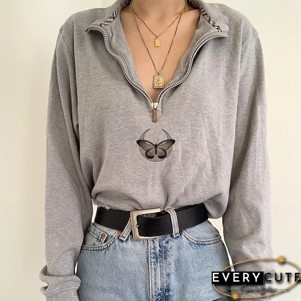 Colorblock Butterfly Moon Print All-Match Casual Sweater