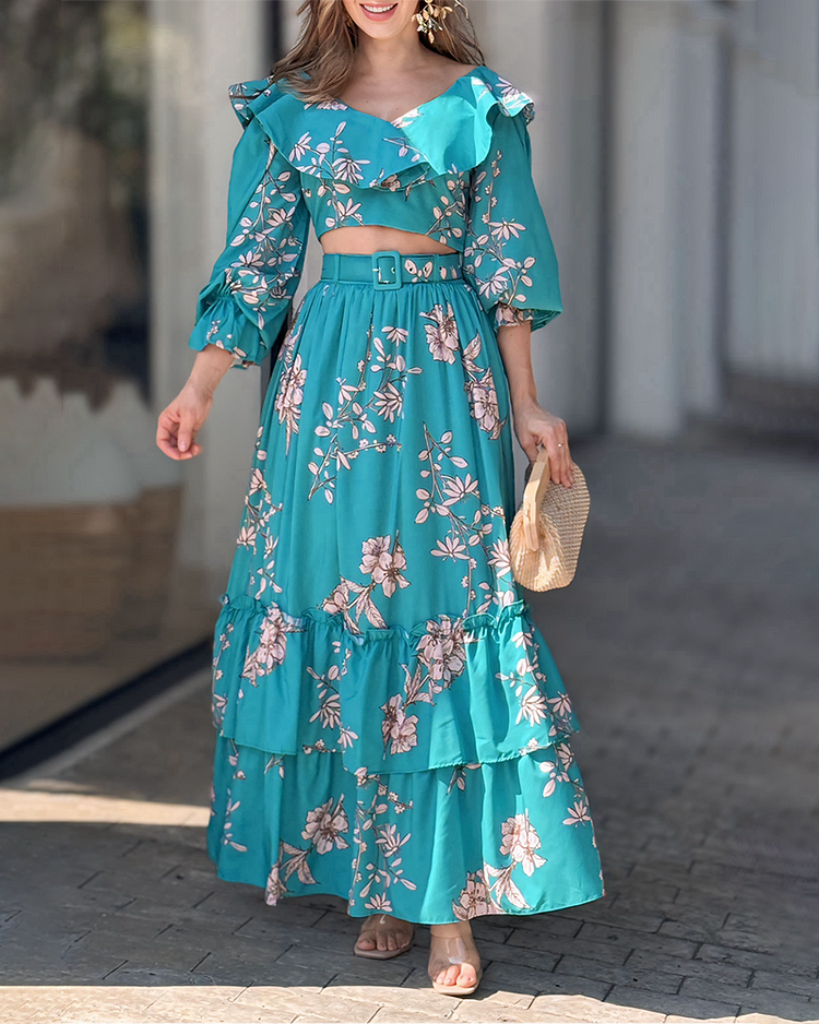 Women's printed lotus leaf collar skirt suit