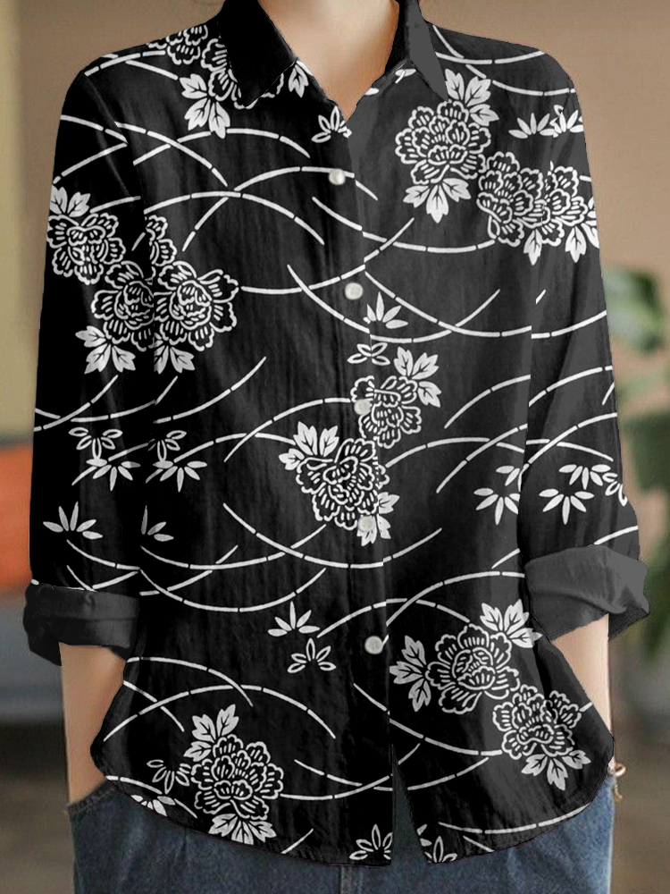 Comstylish Traditional Floral Pattern Linen Blend Cozy Blouse