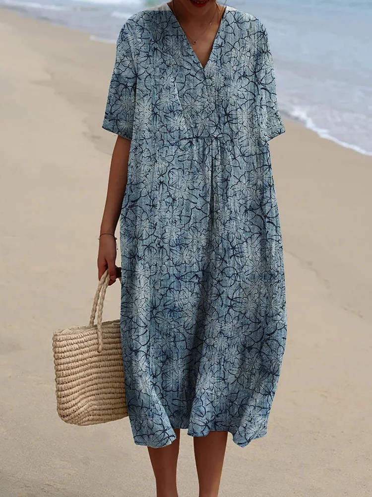 Women's Blue Ink Floral Pattern Beach Resort Dress