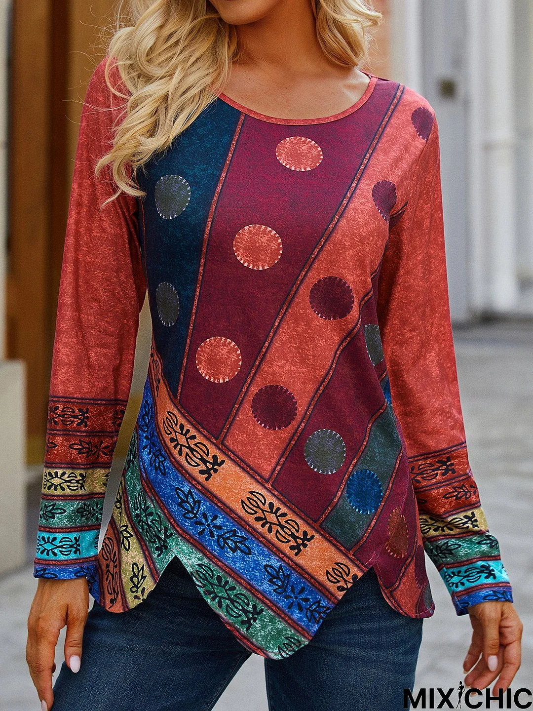 Abstract Long Sleeve Vintage Shift Top