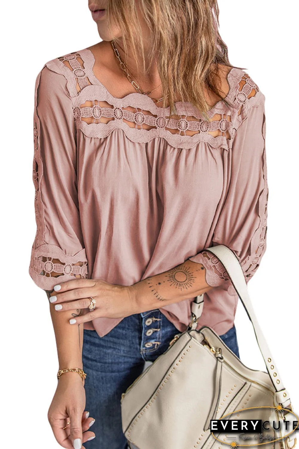 Pink Crochet Trim Hollow-out Blouse