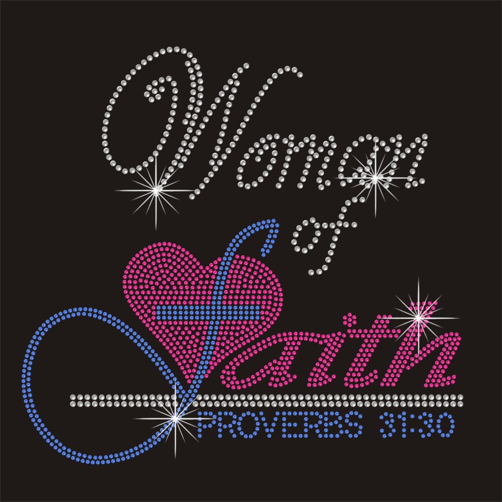 Woman of faith custom letter motif hot fix rhineston heat transfer for garment