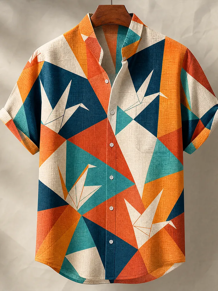 Men's Japanese Style Origami Crane Geometric Colorblock Short Sleeve Shirt  artssus