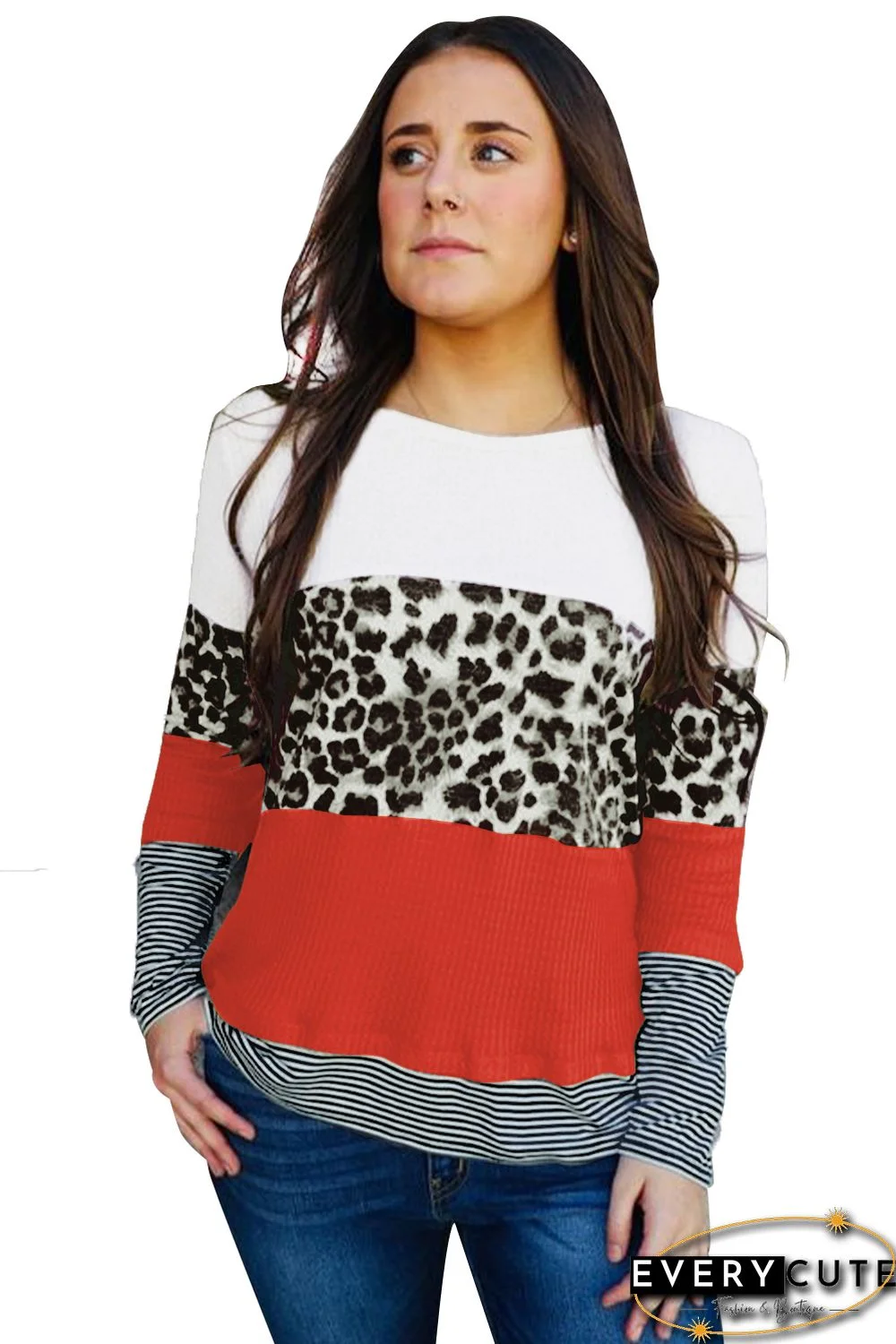 Orange Stripes Leopard Splicing Colorblock Long Sleeve Top