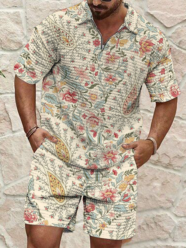 Men's Floral Plant Art Print Waffle Zip Up Polo Shirt Shorts Set