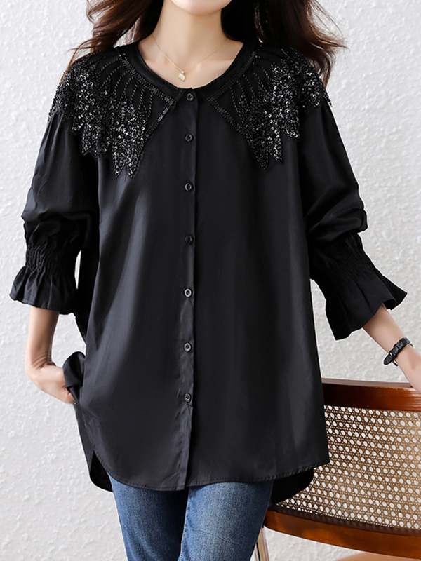 Button Puffed Sleeve Pleated Loose Solid Color Shirt