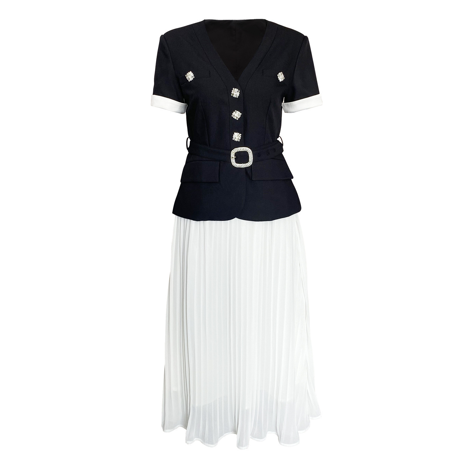 Tisones dress with tights Summer Autumn Beading Diamonds Two-piece Suit Coat Pleated Chiffon Dress For Women Jacket Long Skirts Evening Party Vestidos