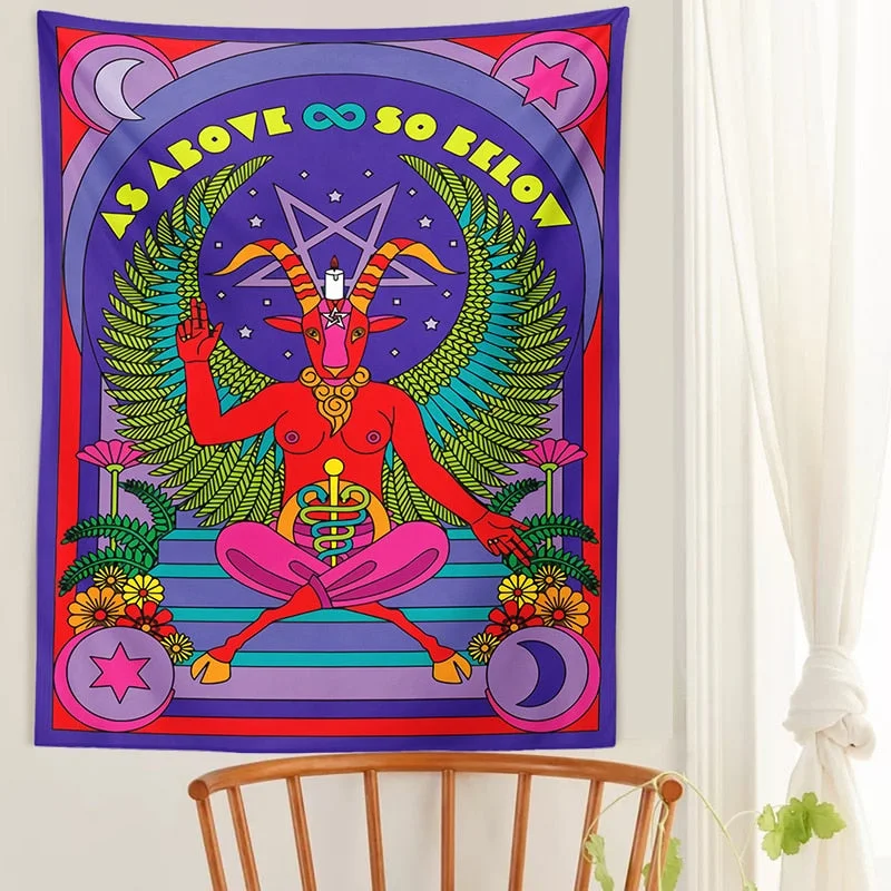 Tarot Baphomet Tapestry Wall Hanging religion Divination Witchcraft Wall Hanging Throw Blanket Mat Sun Moon Wall Decor INS Print