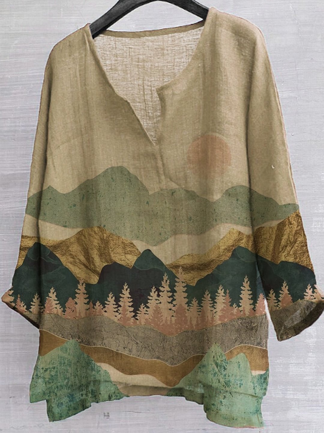 Men's Mountain Print Lightweight Linen Long Sleeve Shirt