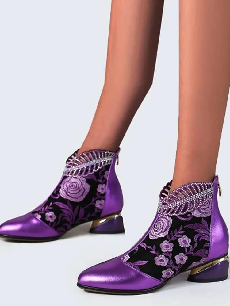 Floral Embroidery Rhinestone Decor Chunky Heeled Boots