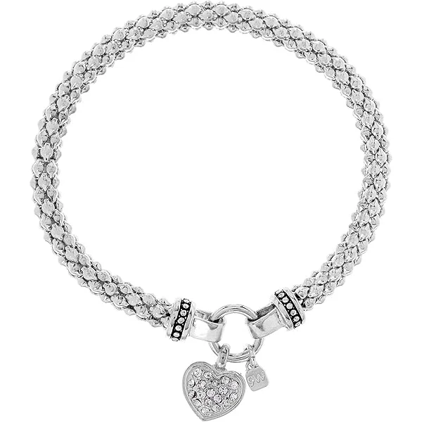 Crystal Heart Charm Braided Silver Bracelet