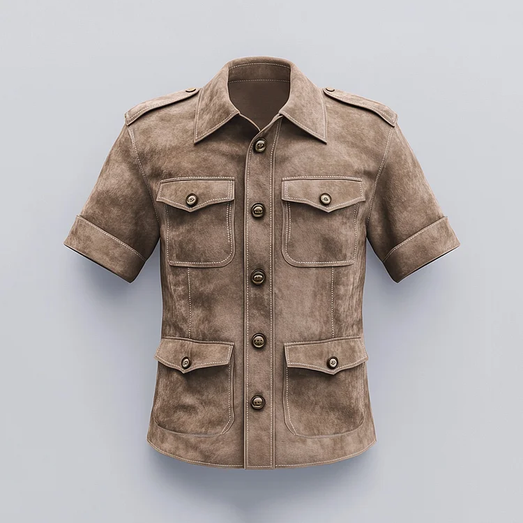 Men's Suede Turndown Collar Button Pocket Short Sleeve Safari Shirt