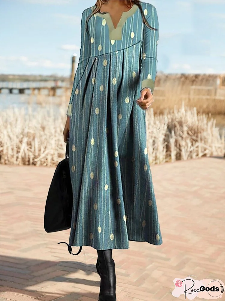 V Neck Midi Casual Polka Dots Dresses