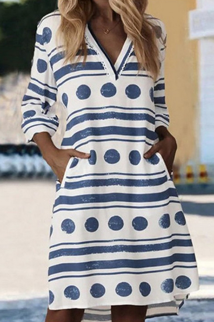 Casual Print Patchwork V Neck Straight Dresses - Life is Beautiful for You - SheChoic