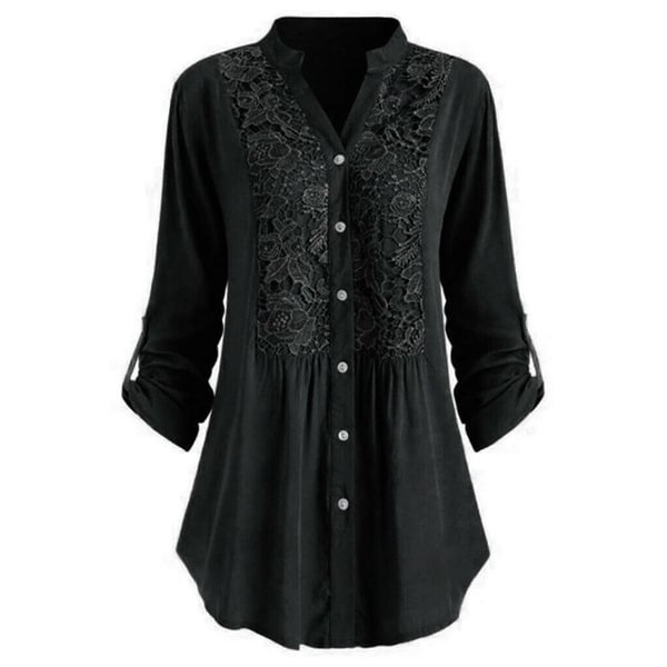 Women Solid Color Lace Splicing Single Breasted Shirt Casual Stand Collar Long Sleeves Plus Size T-Shirt Loose Cotton Blouse - Shop Trendy Women's Fashion | TeeYours