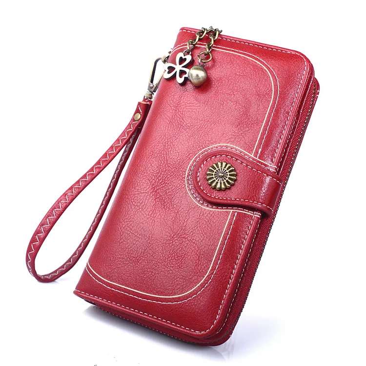 Zipper oil wax leather mobile phone bag long three-fold coin wallet