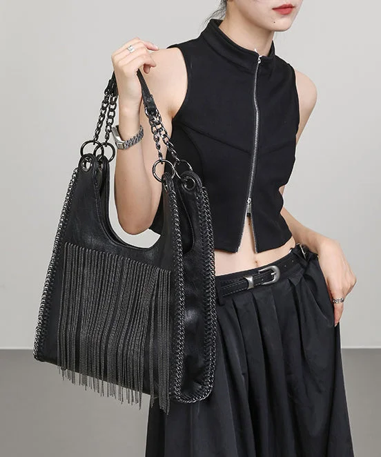 Stylish Black Tasseled Chain Linked Faux Leather Flap Bag
