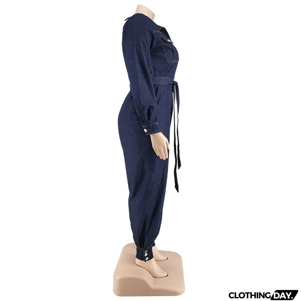 Slim V-Neck Casual Plus Size Women's Denim Jumpsuit