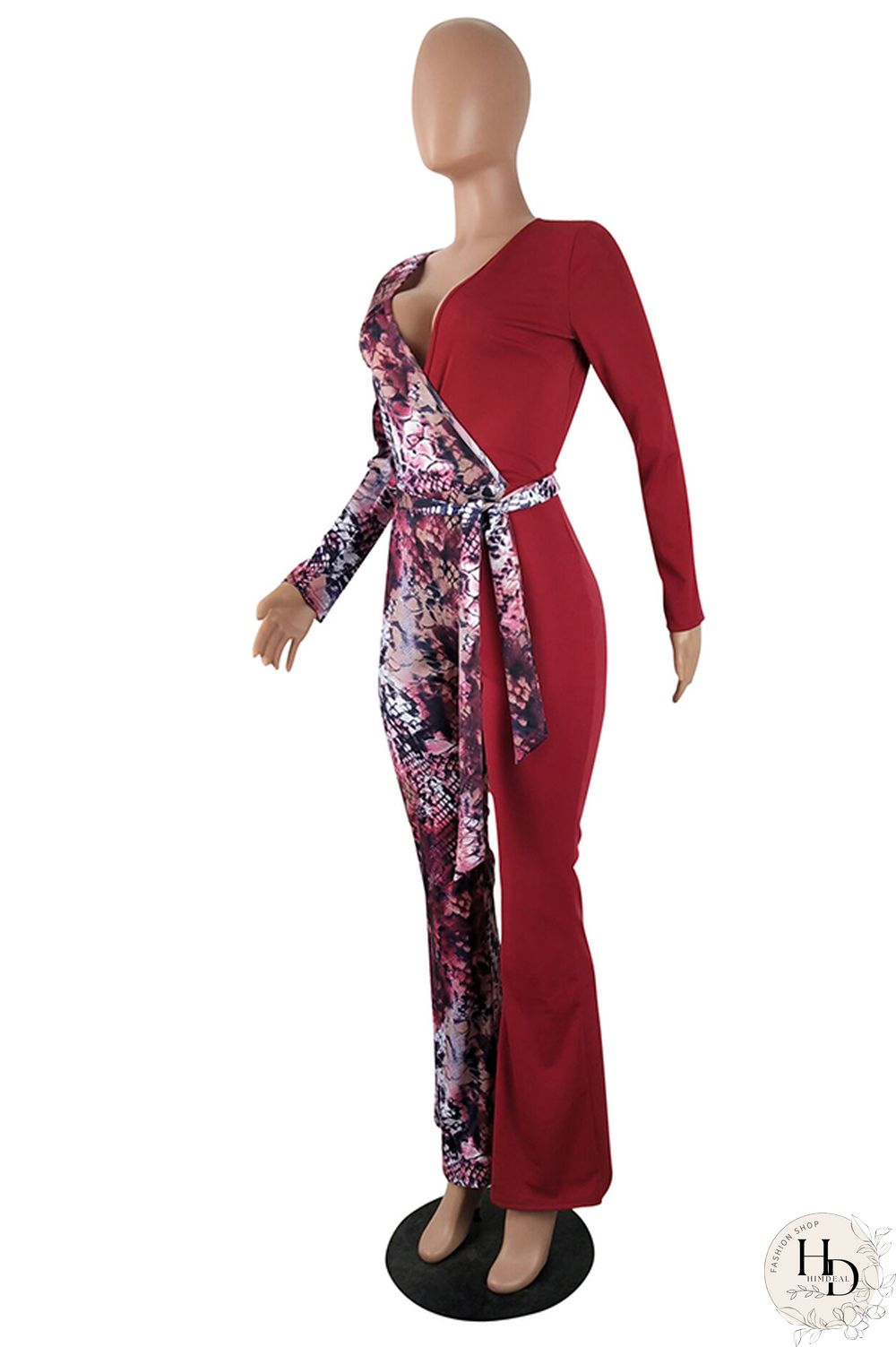 Wine Red Fashion Sexy bandage Patchwork serpentine Print Polyester Long Sleeve V Neck Jumpsuits