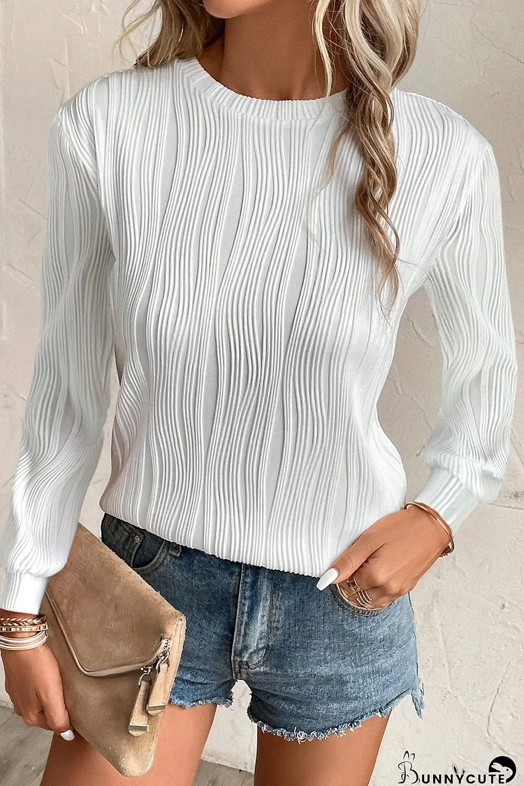 White Textured Wavy Round Neck Long Sleeve Top