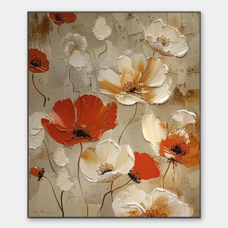 CRIMSON FIELDS: Textured Poppy Painting, Red and White Floral Wall Art, Square Canvas, Romantic Decor（Canvas painting）