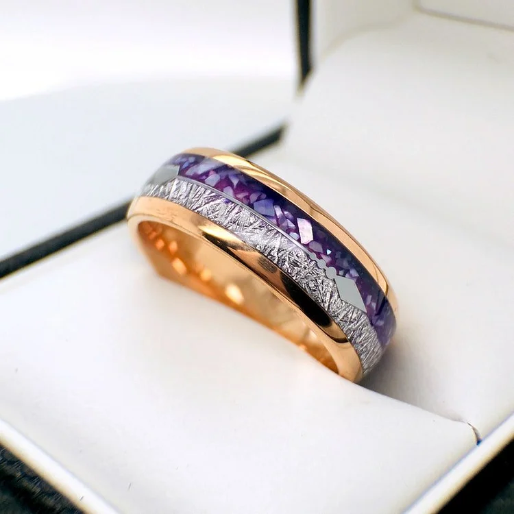 Purple Agate Meteorite Rose Gold Tungsten Carbide Ring with Arrow inlay, Mens and Women Wedding Bands, High Polished, 8mm
