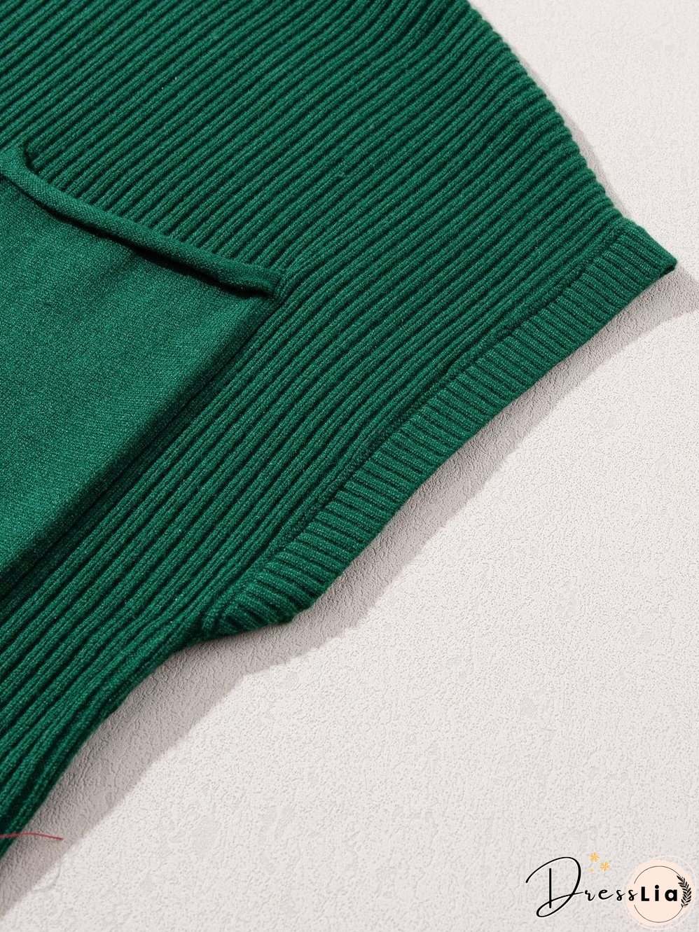Green Ribbed Knit Short Sleeve Sweater with Patch Pocket
