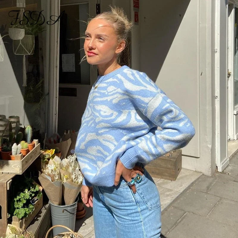 FSDA 2021 Autumn Winter Blue Casual Sweater Top O Neck Long Sleeve Oversized Knitted Pullover Loose Fashion Jumper