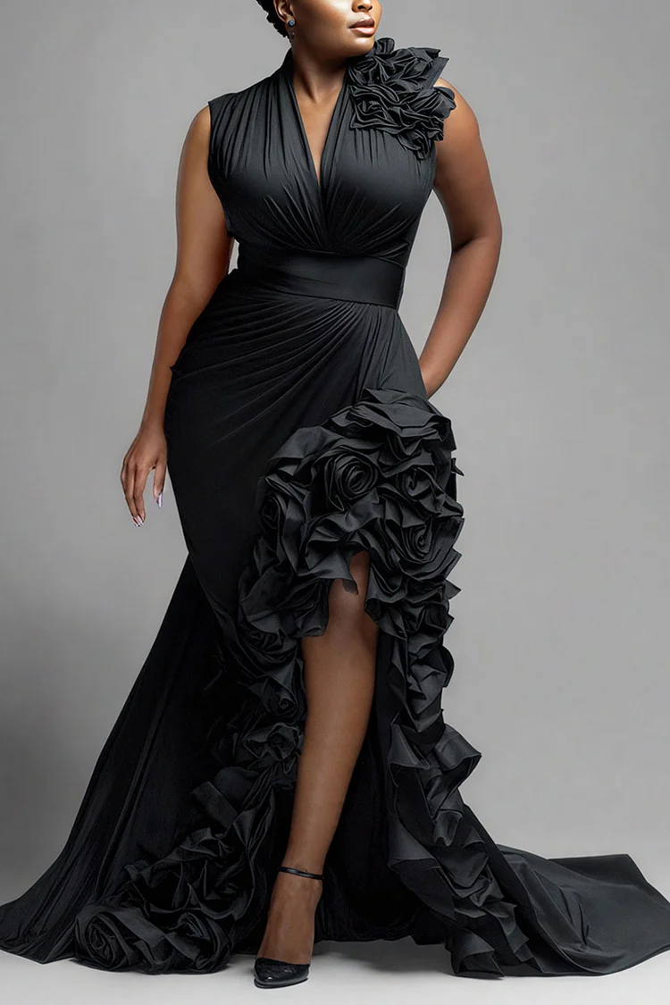 Xpluswear Design Plus Size Formal Black V Neck Split Elegant Ruffle Maxi Dresses [Pre-Order]