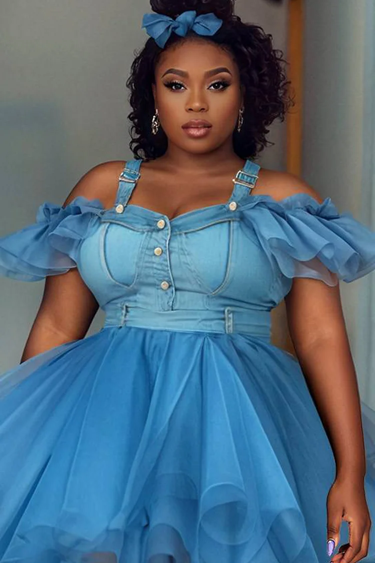 Xpluswear Design Plus Size Festival Blue Casual Cold Shoulder Short Sleeve Contrast Denim Mini Dresses [Pre-Order]