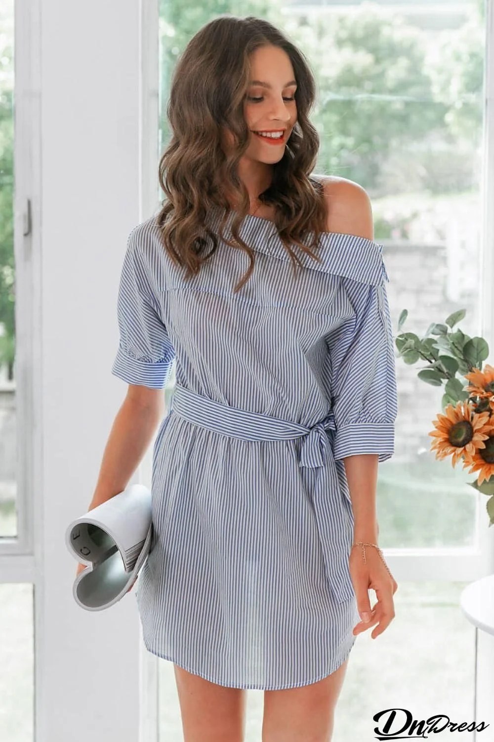 Striped Tie-Waist Curved Hem Dress
